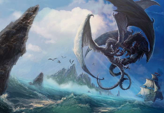 Two dragons fighting over a stormy sea with a ship