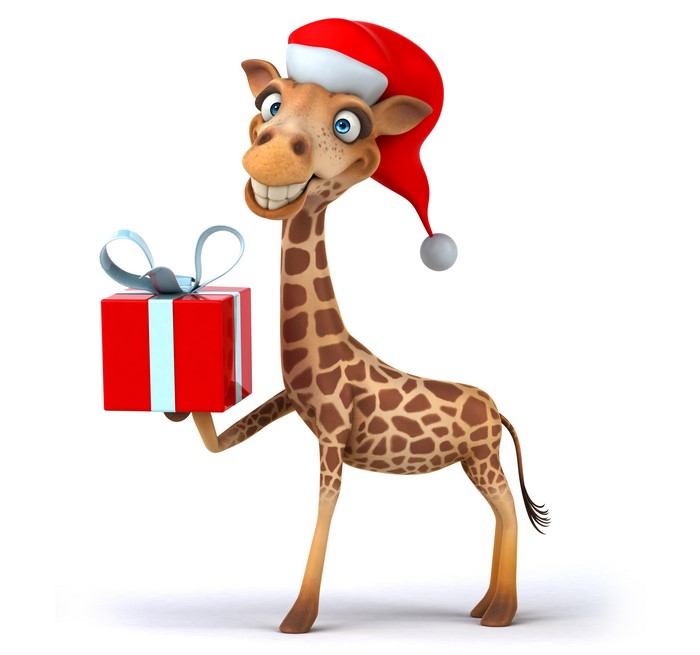 Giraffe wearing a Santa hat holding a gift