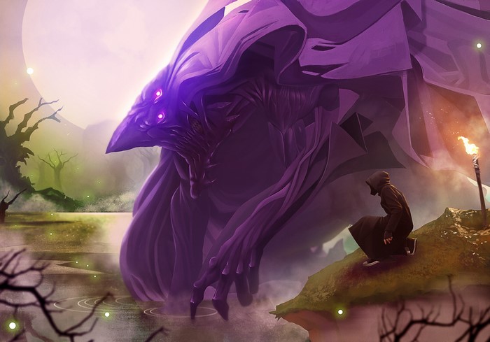Giant purple monster and hooded figure with torch