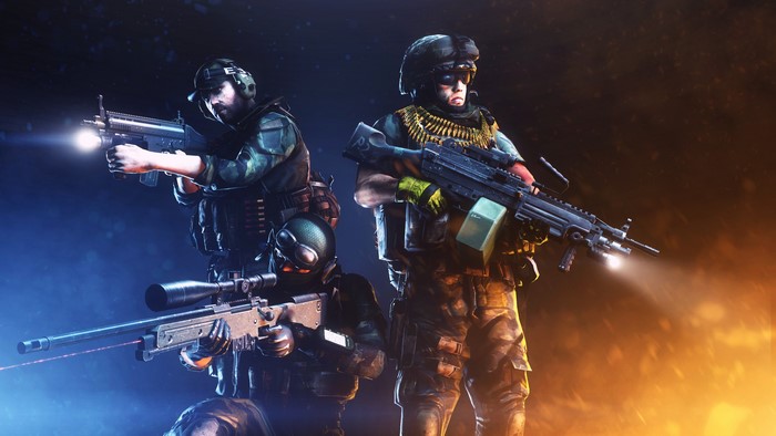 Three soldiers with assault rifle, machine gun, and sniper rifle