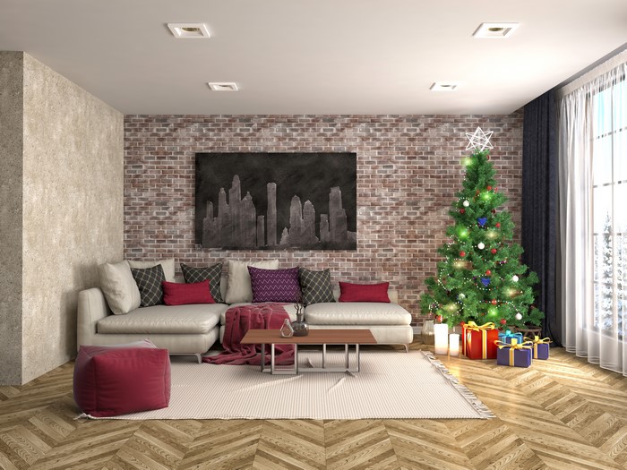 Living room with Christmas tree and gifts