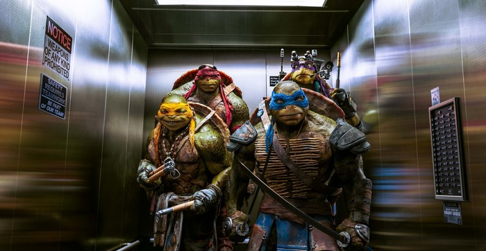 Teenage Mutant Ninja Turtles in an elevator