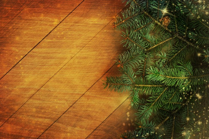 Christmas fir branches on wooden planks