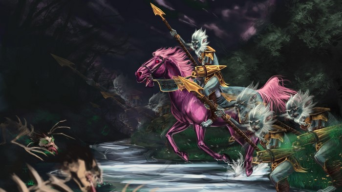 Phantom Lancer from DOTA 2 on a horse with warriors