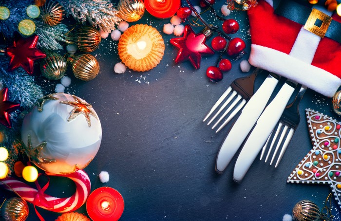 Christmas Table Setting with Ornaments and Gingerbread