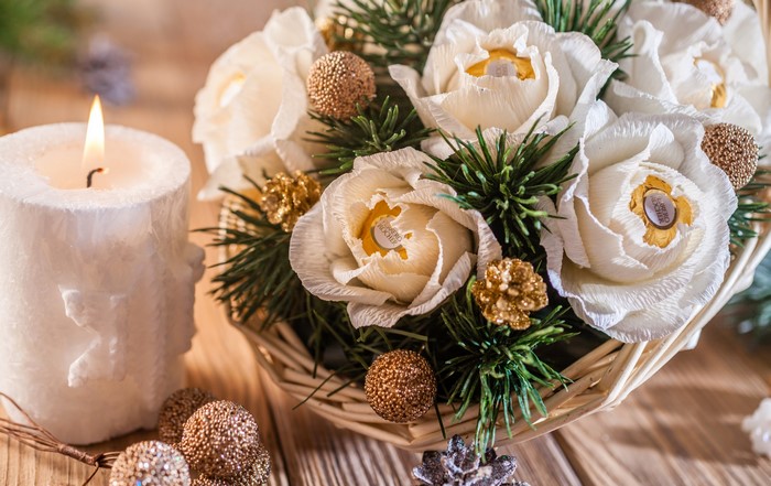 Christmas candle and chocolate bouquet
