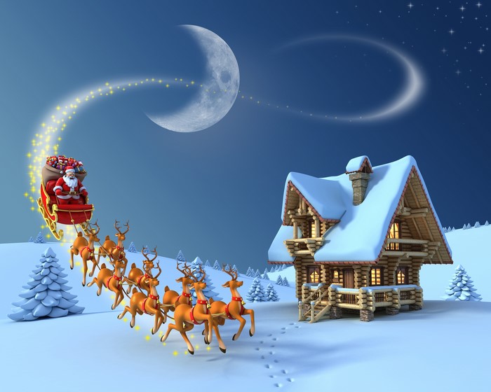 Santa Claus flying in a sleigh with reindeer over a snowy landscape
