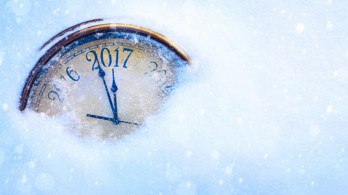 Clock covered in snow showing 2017