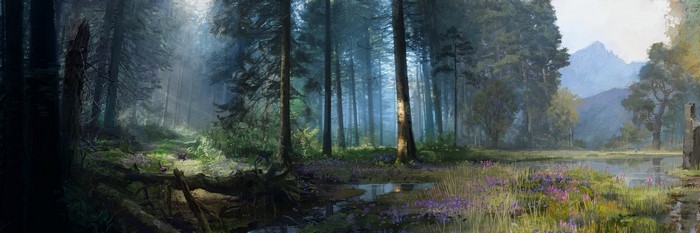 Far Cry Primal forest with swamp and mountains