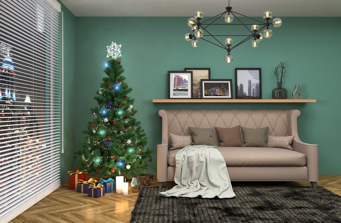 Christmas Interior with Tree, Sofa, and Gifts
