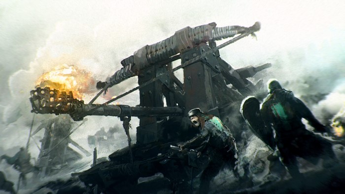 Warriors operating a trebuchet in battle