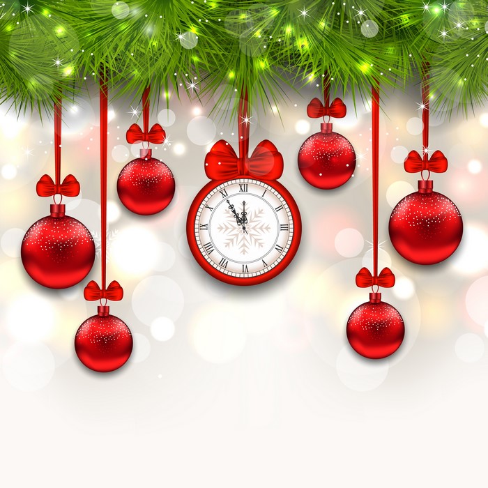 Christmas clock and ornaments on pine branches