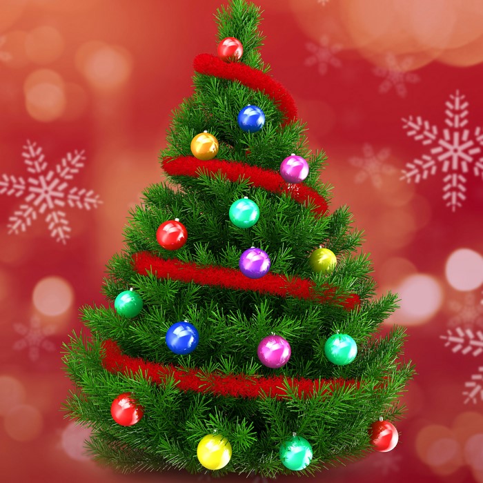 Christmas tree decorated with red tinsel and colorful balls