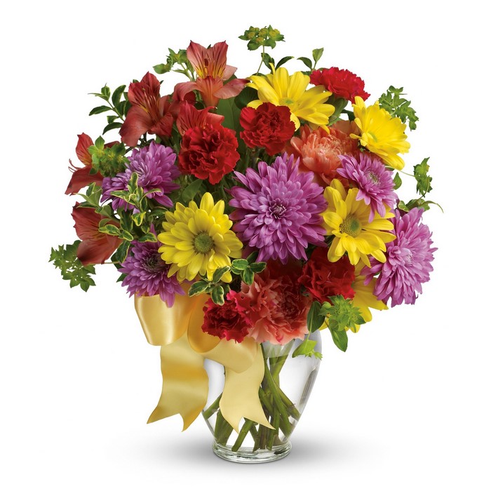 Colorful Flower Bouquet in a Glass Vase with Yellow Ribbon