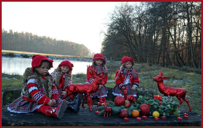 4K Christmas scene with dolls and deer in a park