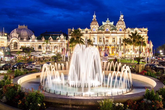 Casino de Monte-Carlo with fountain at dusk