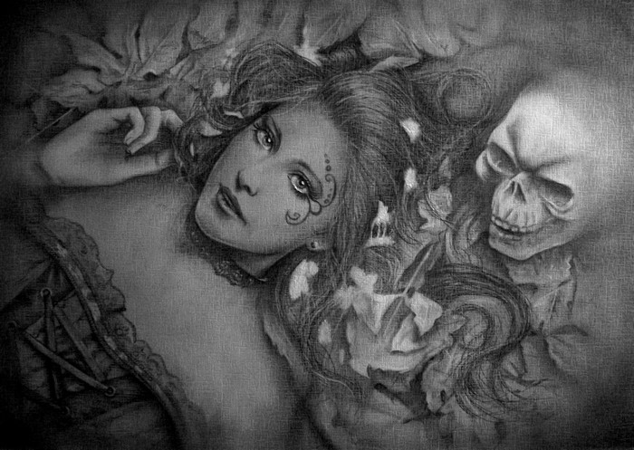Gothic Fantasy Painting of a Woman and a Skull