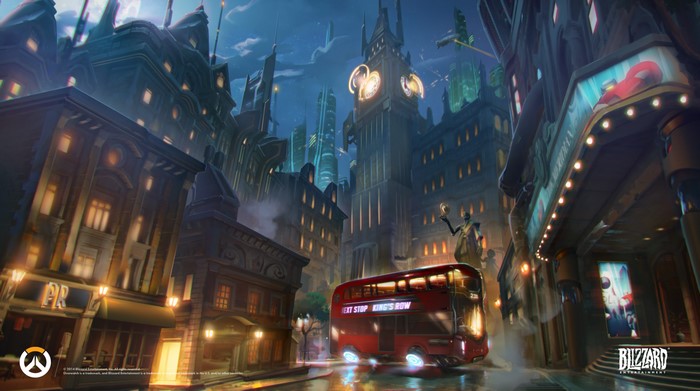 Overwatch King's Row London street scene with double-decker bus
