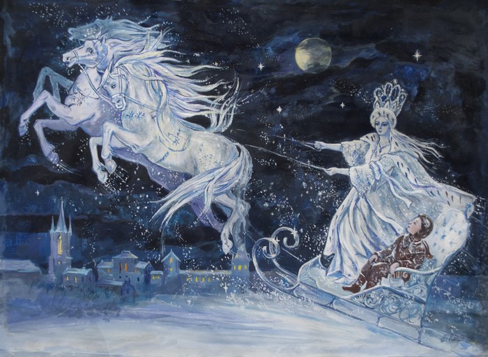 The Snow Queen and boy in a sleigh pulled by horses