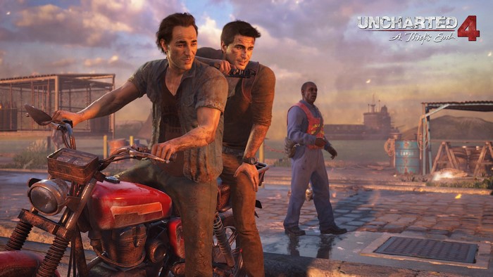 Sam and Nate from Uncharted 4: A Thief's End on a motorcycle