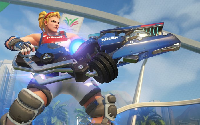 Zarya from Overwatch with a particle cannon
