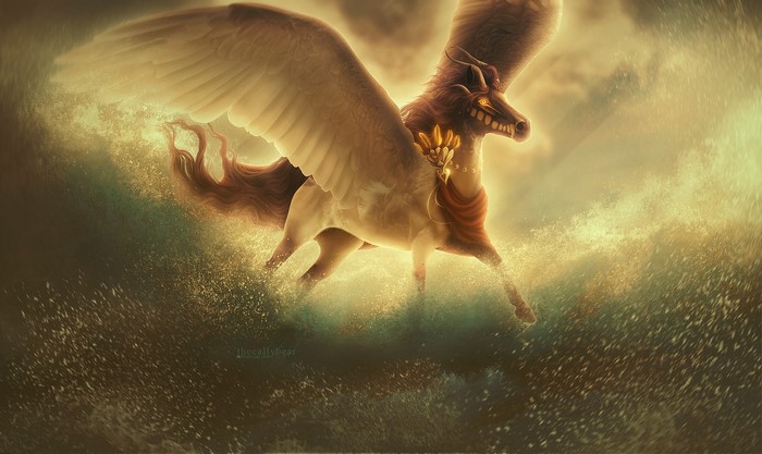 Pegasus with golden wings emerging from water