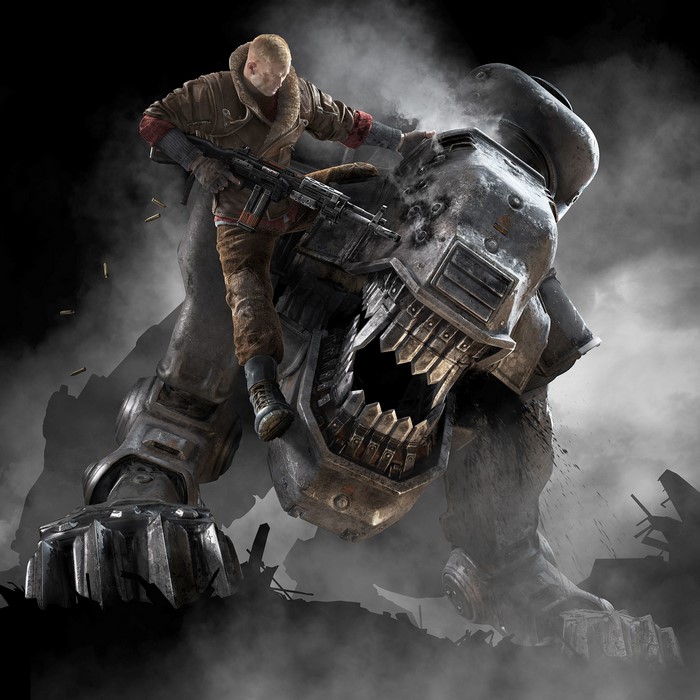 B.J. Blazkowicz fighting a robot in Wolfenstein: The New Order