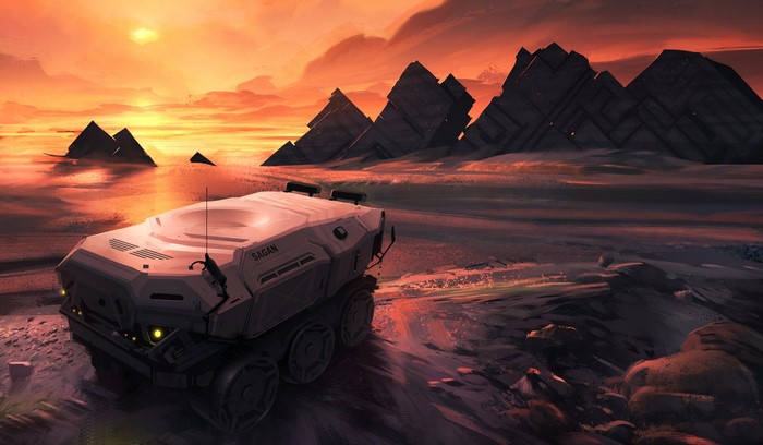 Sagan rover on a desolate alien planet at sunset
