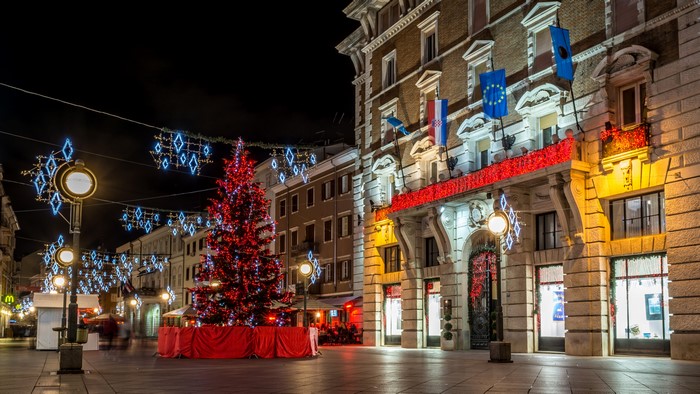 Rijeka, Croatia: Christmas Tree and Street Lights at Night