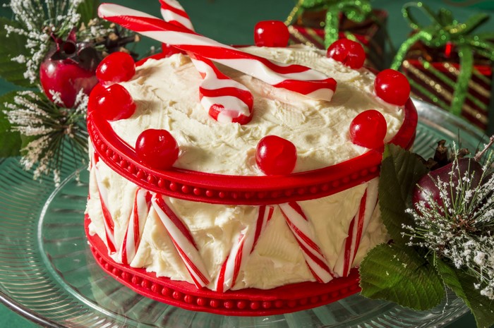Christmas cake with candy canes and cherries