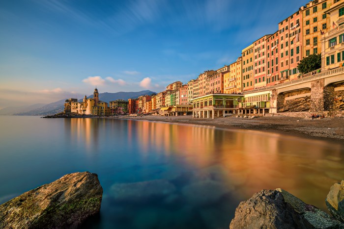 Camogli, Italy Coastline with Colorful Houses and Sea