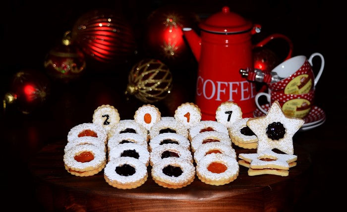 Christmas cookies with numbers for 2017 and a red coffee pot