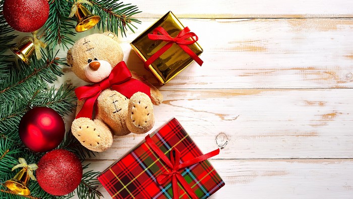 Christmas Teddy Bear with Gifts and Ornaments