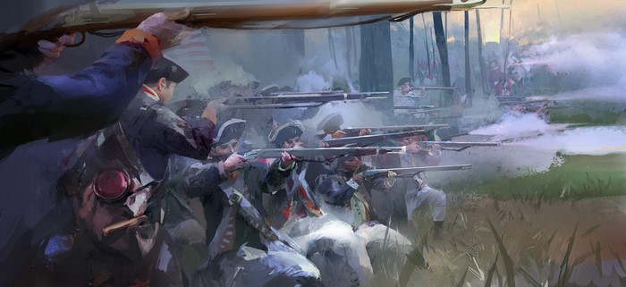 Soldiers from Assassin's Creed 3 firing rifles