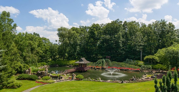 Donald M. Kendall Sculpture Gardens Pond with Fountain and Trees
