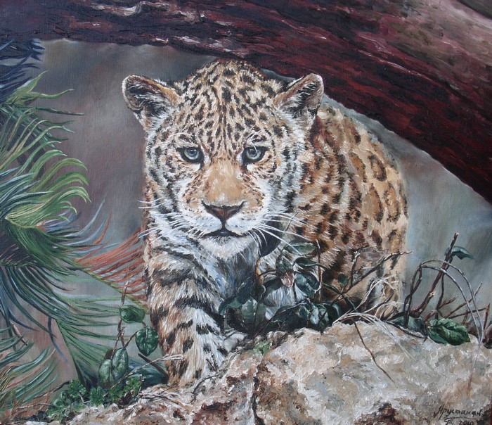 Painting of a leopard cub in foliage