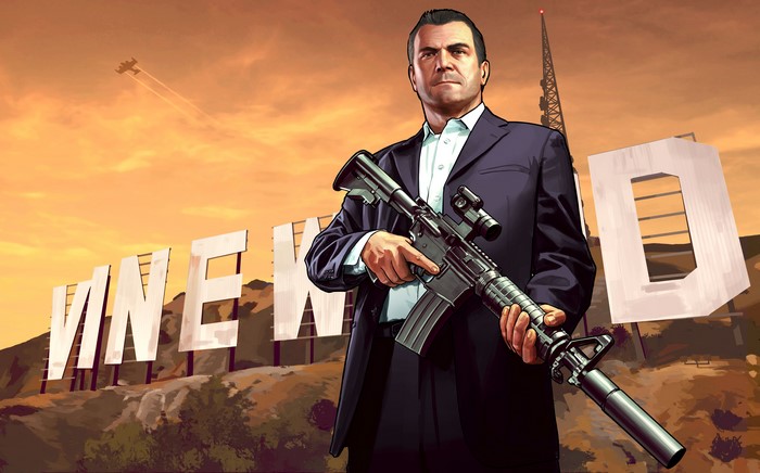 Michael from GTA 5 with Assault Rifle in Vinewood
