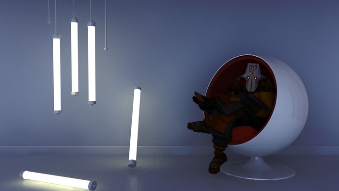 Juggernaut from DOTA 2 sitting in a ball chair