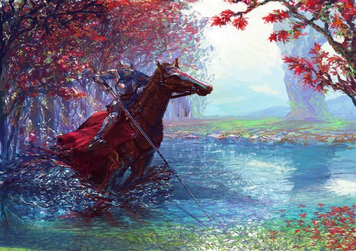 Knight on horseback with spear in water