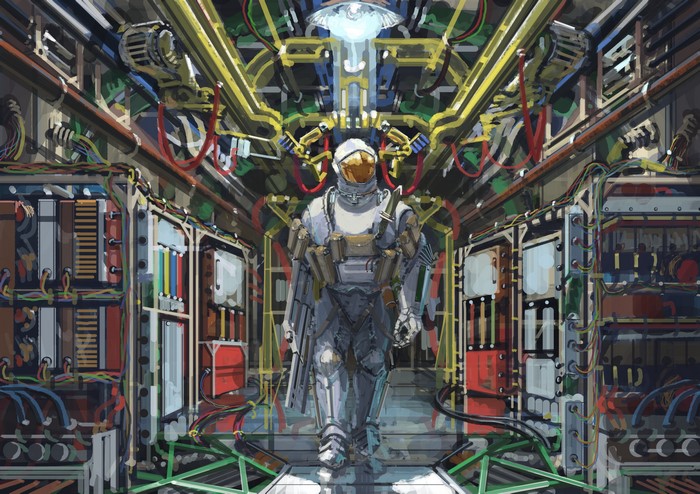 Astronaut walking through a futuristic engine room
