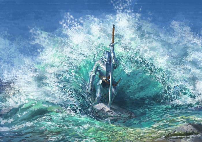 Knight in Armor Holding Sword in Waves