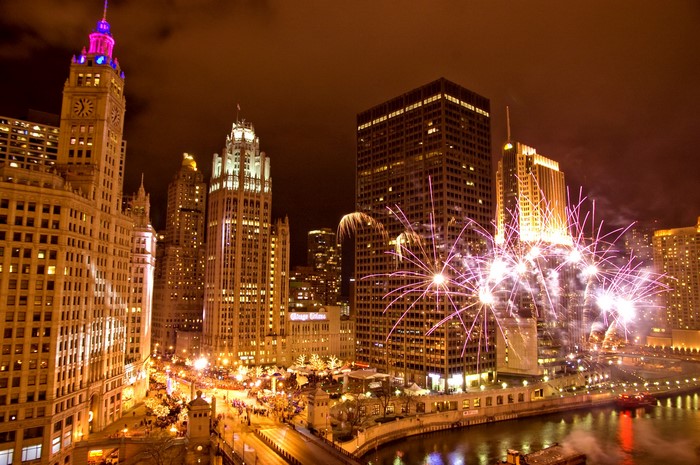 Chicago City Skyline with Fireworks at Night