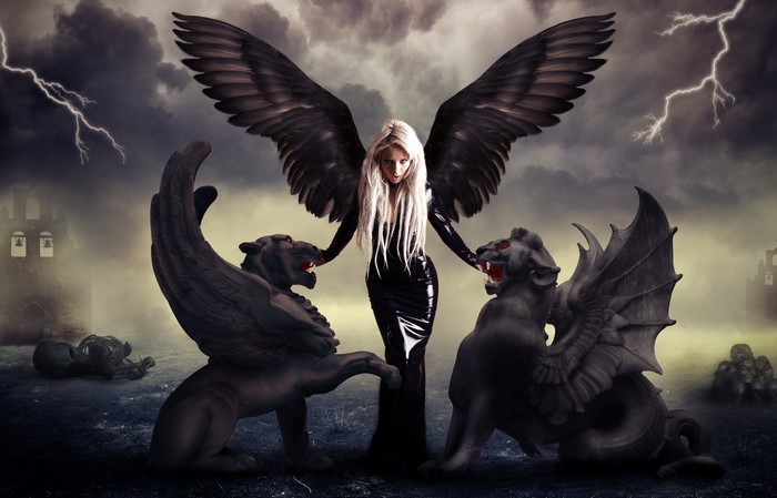 Angel with black wings and gargoyles in a storm