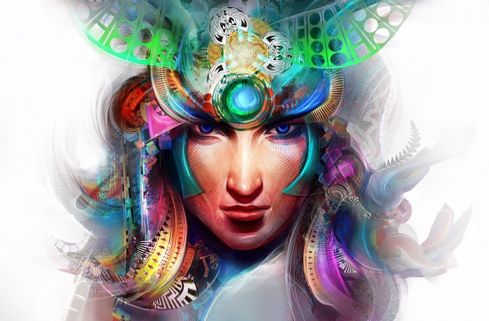 Warrior with elaborate headdress and blue eyes