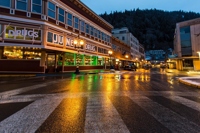 Juneau, Alaska Street at Dusk with Reflections