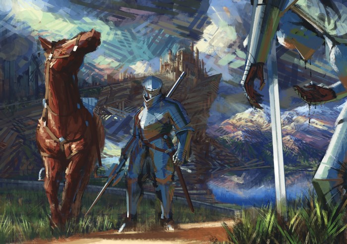 Knight with Horse and Castle in Mountains