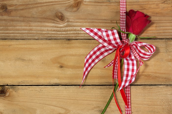 Red Rose with Gingham Bow on Wood