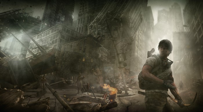 Man with crossbow in post-apocalyptic city ruins