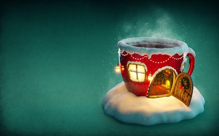 Christmas mug house with snow and lights