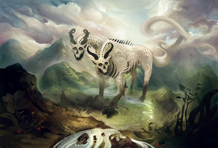 Two-headed skeletal monster in a mountainous landscape